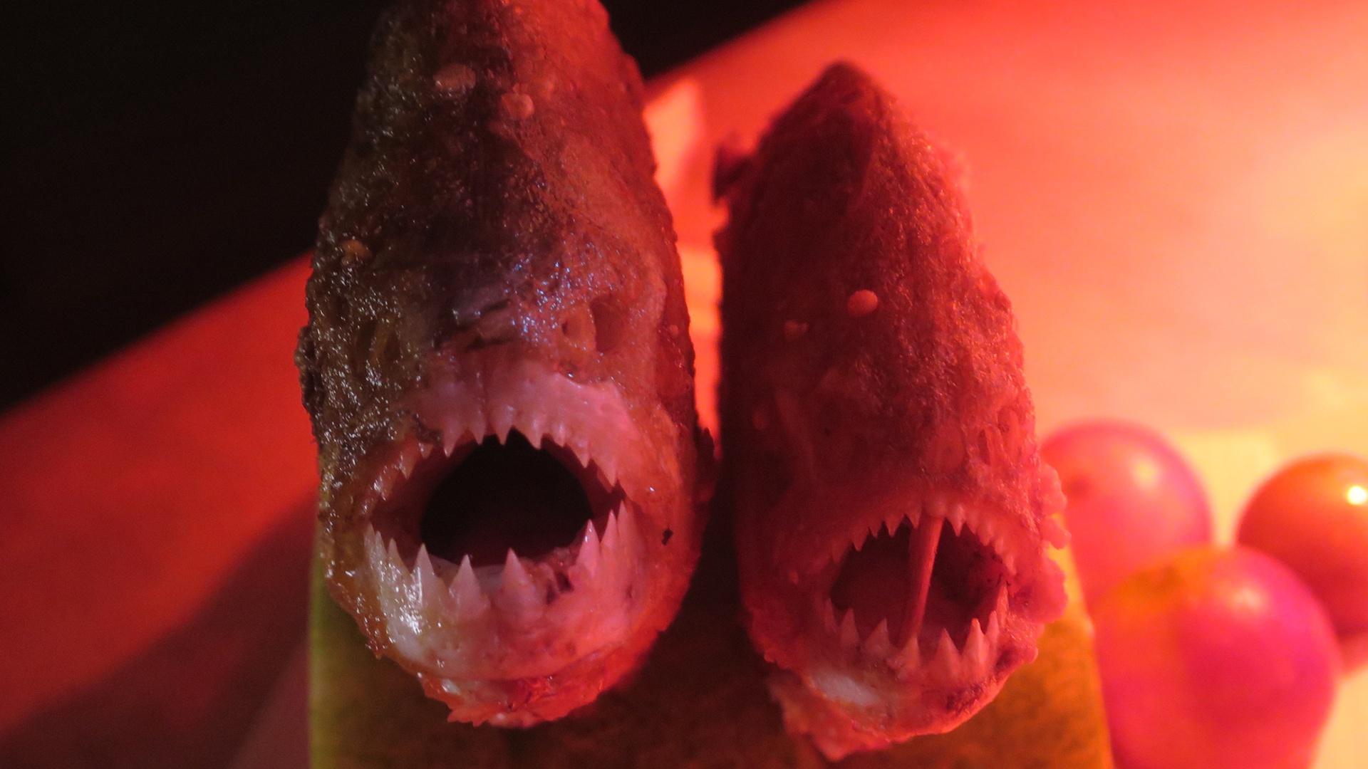 Close-up of two piranhas in red lighting.