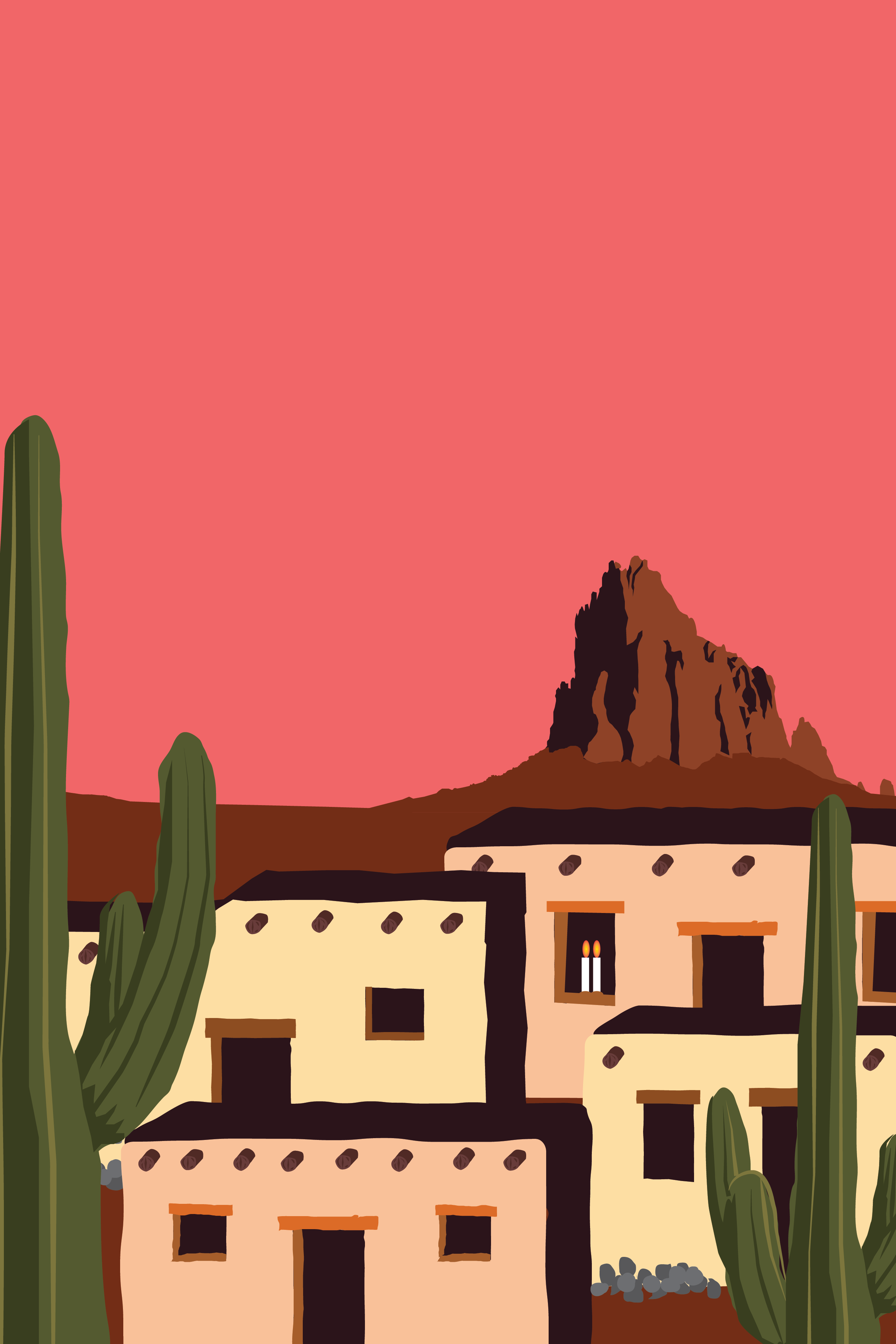 An illustration of adobe houses and cactuses in front of Western mountain ranges.