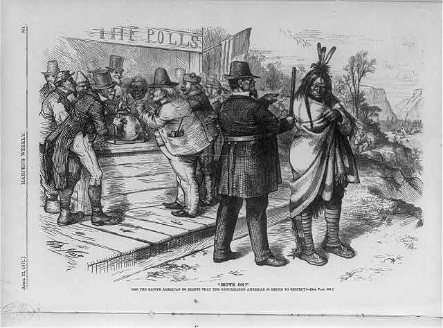 A political comic featuring a white man threatening an Indigenous person near a stand labeled "THE POLLS".