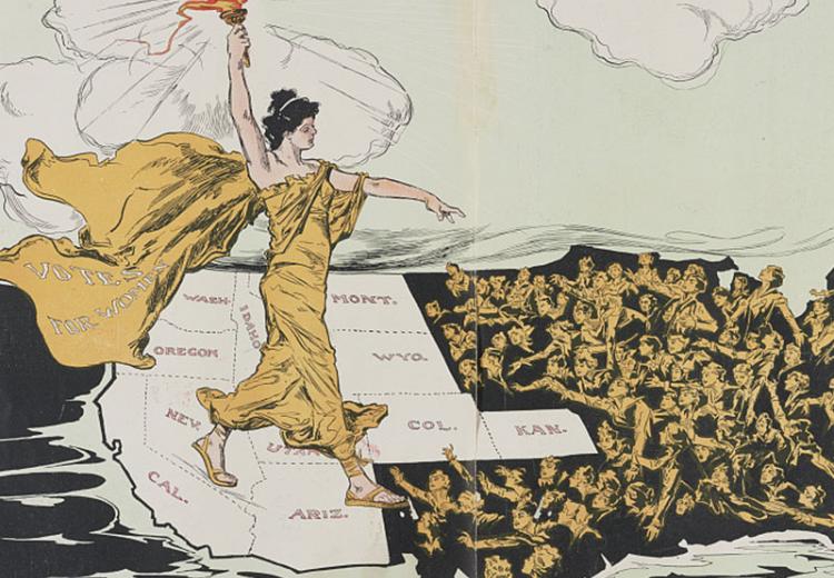 hy-mayer-suffrage-cartoon Illustration of torch-bearing woman labeled "VOTES FOR WOMEN" walks across the western U.S. into the east.
