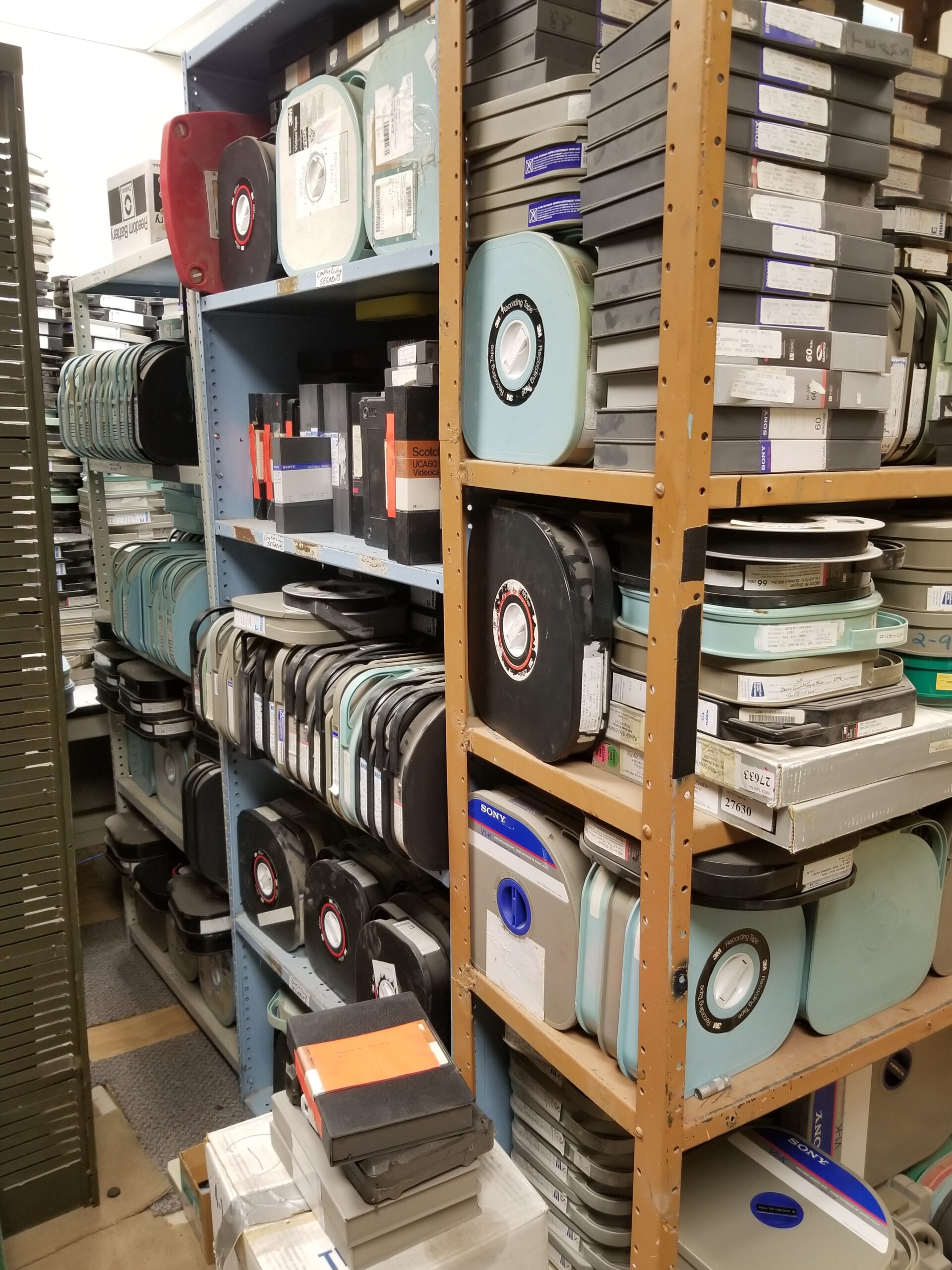 Legacy media tapes and reels in storage at KENW.