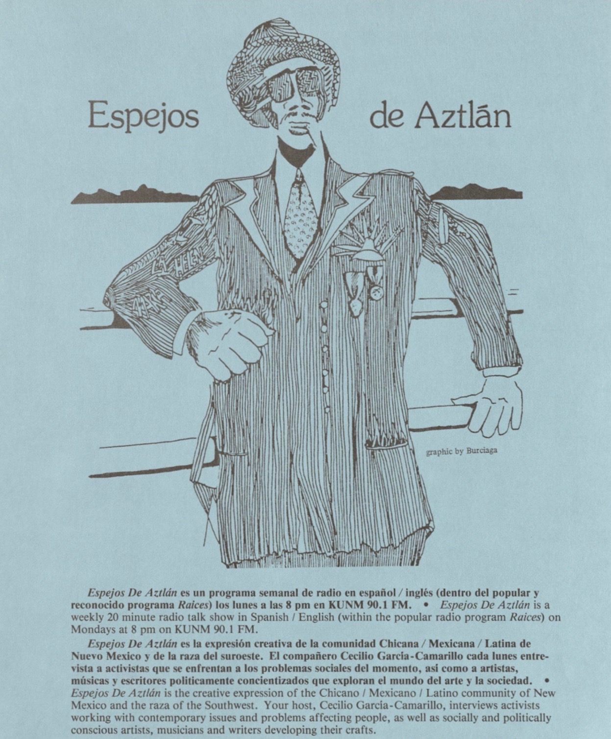 Illustration featuring someone in a hat walking, with a blue backdrop and label "Espejos de Aztlán".