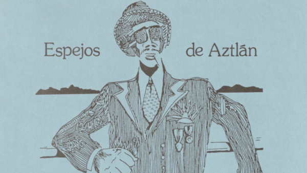 Illustration featuring someone in a hat walking, with a blue backdrop and label "Espejos de Aztlán".
